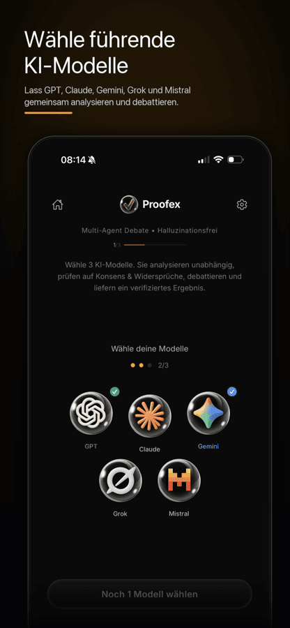 Proofex im App Store: Auswahl der KI-Modelle
