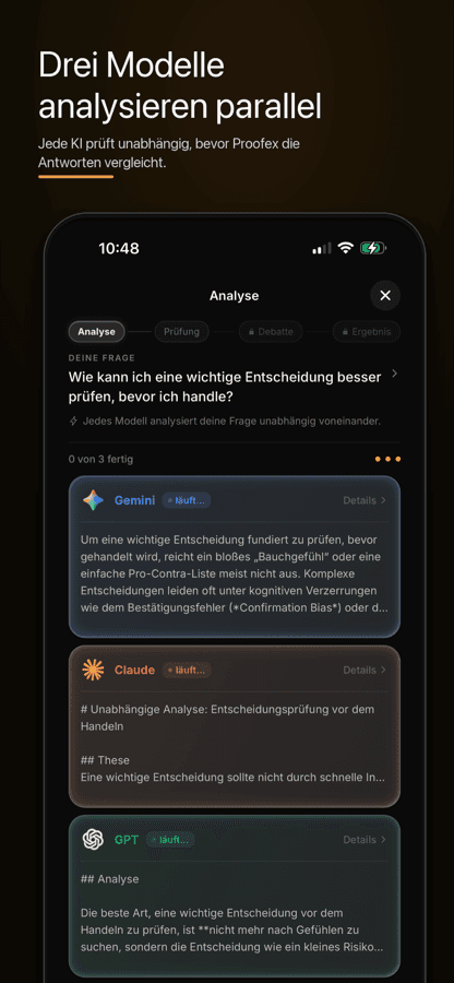 Proofex im App Store: drei Modelle analysieren parallel